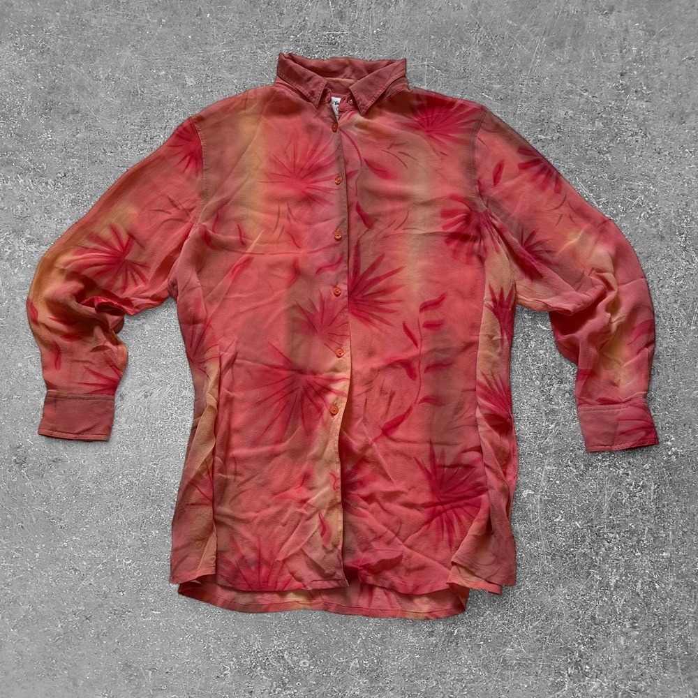 Vintage 90s Alki Yamani Creations Silk Button Up Shirt Tie Dye Red Orange S